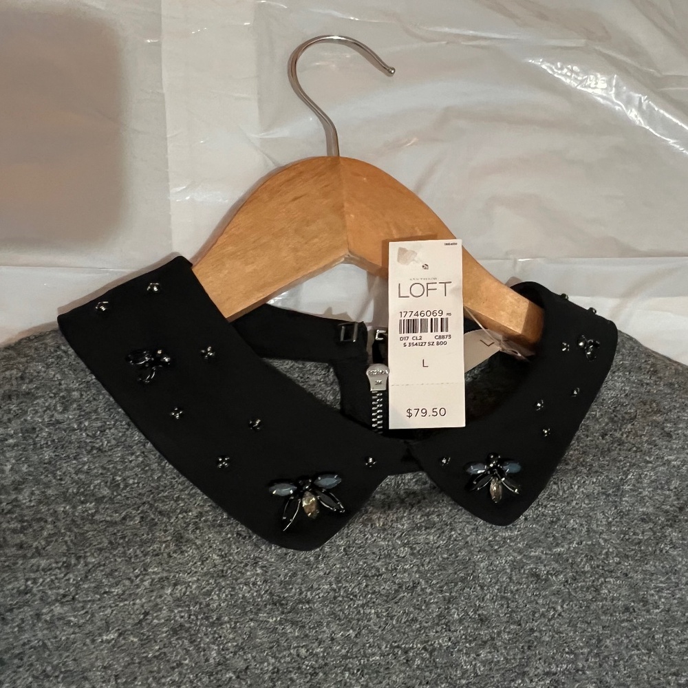 NWT LOFT Embellished Black Peter Pan Collared Knit Shift Dress in Gray Size L - Picture 7 of 13